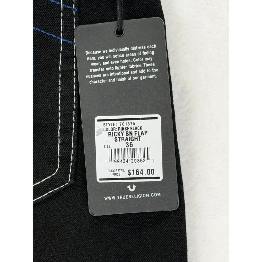 True Religion Ricky Relaxed Straight Jeans Rinse Black Contrast Stitch Mens 36